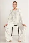 Kadın Çizgili Kalp Desenli Uzun Yeşil Pijama Takımı - Görsel 9