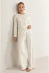 Kadın Çizgili Kalp Desenli Uzun Yeşil Pijama Takımı - Görsel 10
