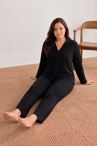 Kadın Puantiyeli Düğmeli Siyah Pijama Takımı 852 - 3