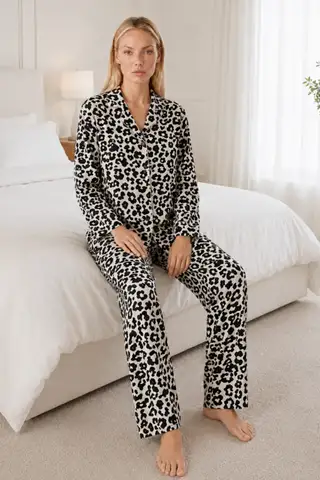 Kadın Desenli Relaxed Leopar Pijama Takımı 4665 - 2