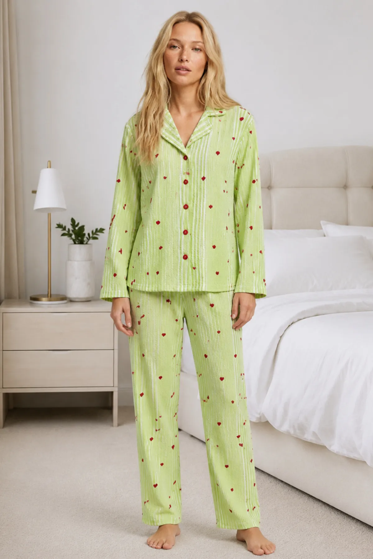 Kadın Ev Giyimi Rahat Yeşil Pijama Takımı 4660