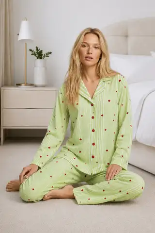 Kadın Ev Giyimi Rahat Yeşil Pijama Takımı 4660 - 3