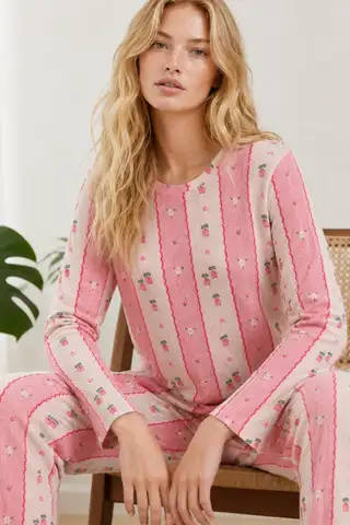 Kadın Bol Paça Relaxed Pembe Pijama Takımı 4692 - 1