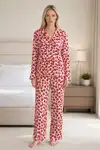 Kadın Desenli Esnek Bol Kırmızı Pijama Takımı 4735 L Kırmızı Kırmızı - Görsel 1