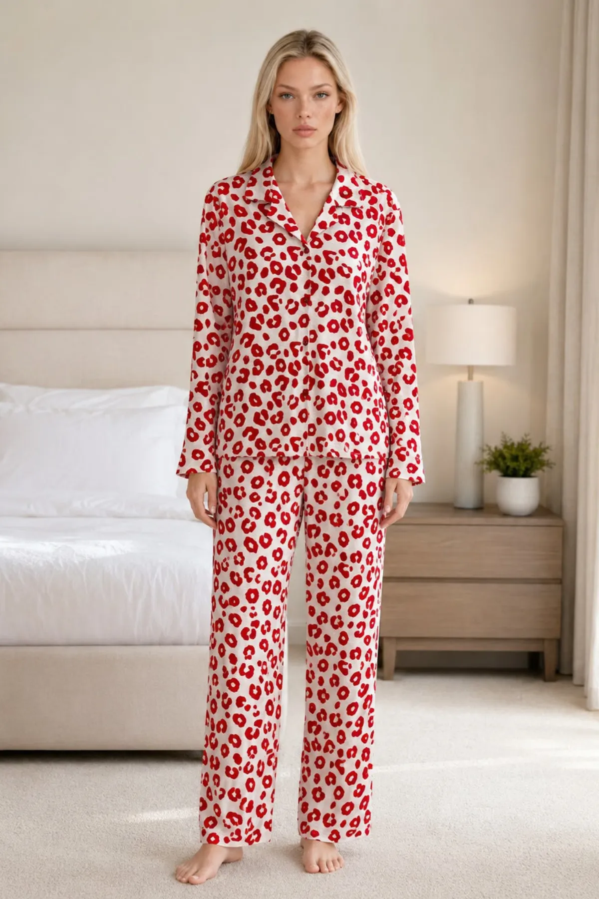Kadın Desenli Esnek Bol Kırmızı Pijama Takımı 4735 L Kırmızı Kırmızı
