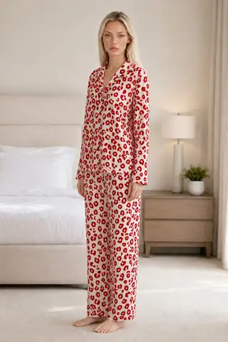 Kadın Desenli Esnek Bol Kırmızı Pijama Takımı 4735 L Kırmızı Kırmızı - 2