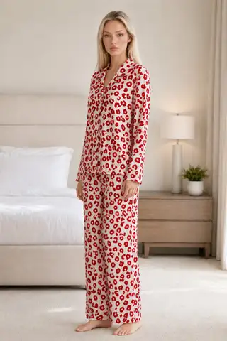 Kadın Desenli Esnek Bol Kırmızı Pijama Takımı 4735 L Kırmızı Kırmızı - 4