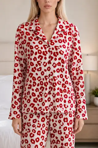 Kadın Desenli Esnek Bol Kırmızı Pijama Takımı 4735 L Kırmızı Kırmızı - 5