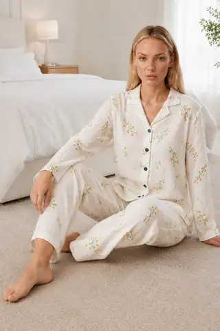 Kadın Desenli Esnek Bol Kırmızı Pijama Takımı 4735 L Kırmızı Kırmızı - 9