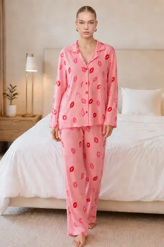 Kadın Dudak Desenli Pembe Pijama Takımı 4677 - 1