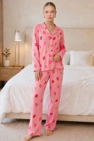 Kadın Dudak Desenli Pembe Pijama Takımı 4677 - 2