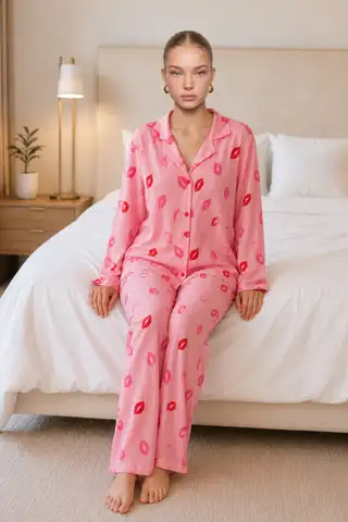 Kadın Dudak Desenli Pembe Pijama Takımı 4677 - 3