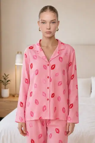 Kadın Dudak Desenli Pembe Pijama Takımı 4677 - 4