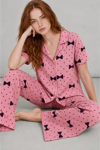 Kadın Kısa Kol Desenli Pembe Pijama Takımı 4729 - 3