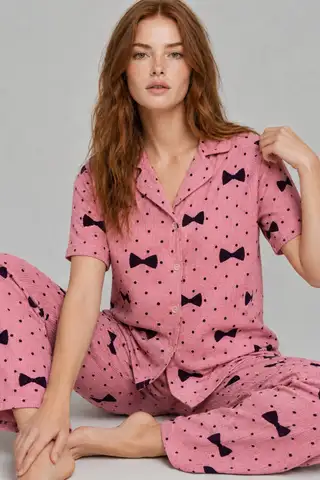 Kadın Kısa Kol Desenli Pembe Pijama Takımı 4729 - 4