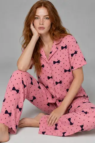 Kadın Kısa Kol Desenli Pembe Pijama Takımı 4729 - 5