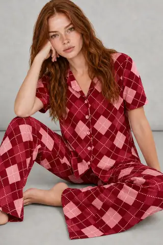 Kadın Kısa Kol Desenli Pembe Pijama Takımı 4729 - 7
