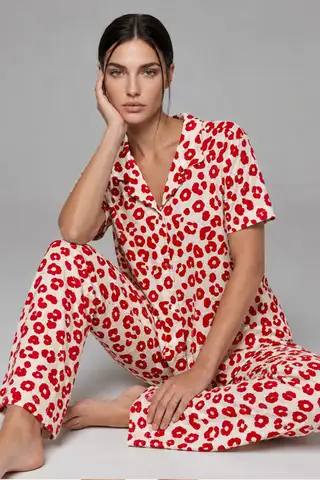 Kadın Kısa Kol Comfort Kırmızı Pijama Takımı 4725 - 4