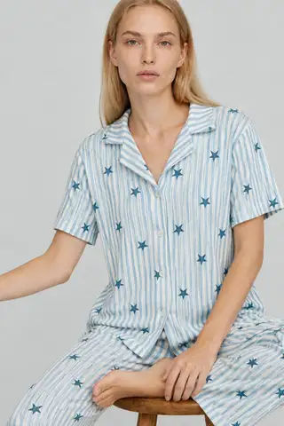 Kadın Kısa Kollu Rahat Mavi Pijama Takımı 4728 - 2