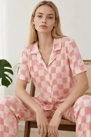 Kadın Kısa Kollu Rahat Mavi Pijama Takımı 4728 - 13