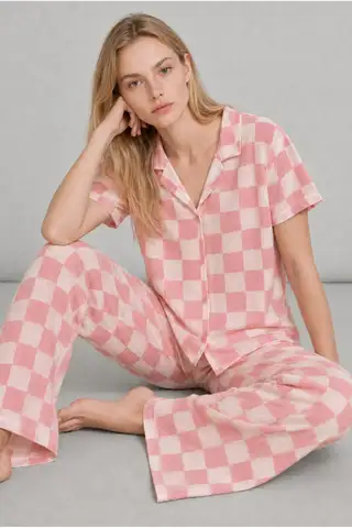 Kadın Kısa Kollu Rahat Mavi Pijama Takımı 4728 - 15