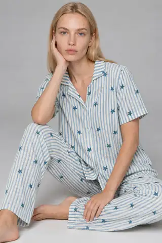 Kadın Kısa Kollu Rahat Mavi Pijama Takımı 4728 - 3