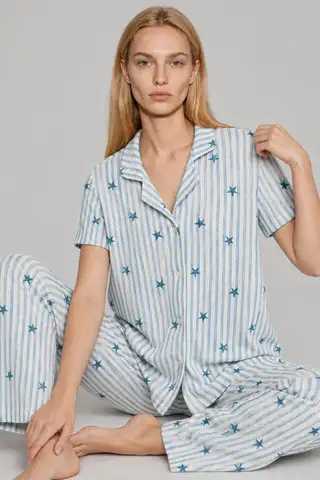 Kadın Kısa Kollu Rahat Mavi Pijama Takımı 4728 - 4