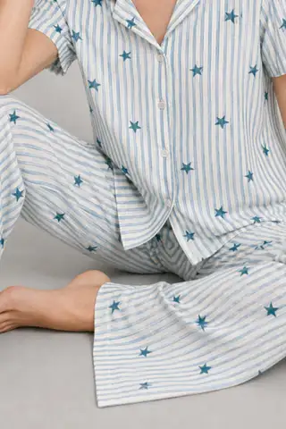 Kadın Kısa Kollu Rahat Mavi Pijama Takımı 4728 - 5