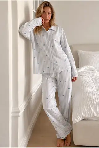 Kadın Bürümcük Tam Boy Mavi Pijama Takımı - 5