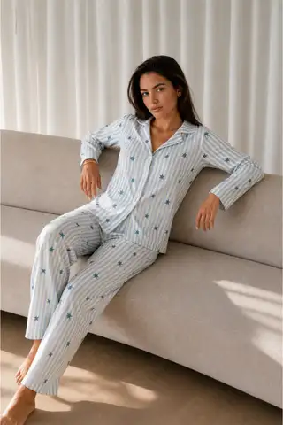 Kadın Desenli Basic Kış Mavi Pijama Takımı - 1