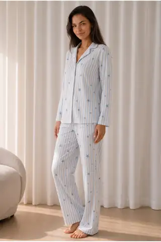 Kadın Desenli Basic Kış Mavi Pijama Takımı - 2