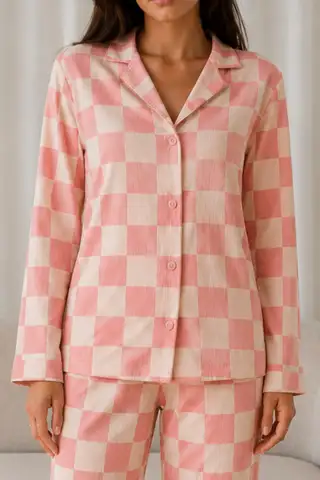Kadın Desenli Basic Kış Mavi Pijama Takımı - 15