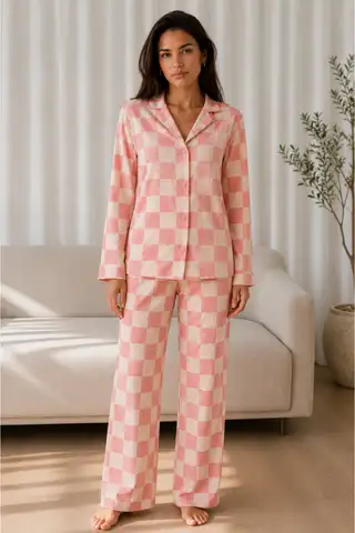 Kadın Desenli Basic Kış Mavi Pijama Takımı - 18