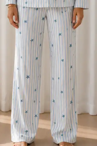 Kadın Desenli Basic Kış Mavi Pijama Takımı - 4