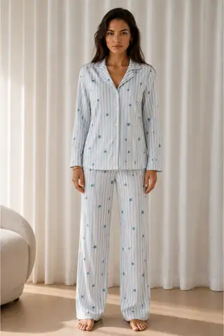 Kadın Desenli Basic Kış Mavi Pijama Takımı - 5