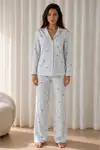 Kadın Desenli Basic Kış Mavi Pijama Takımı - Görsel 5