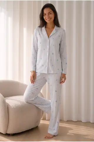 Kadın Desenli Basic Kış Mavi Pijama Takımı - 6