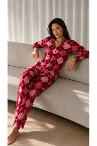 Kadın Desenli Basic Kış Mavi Pijama Takımı - 7
