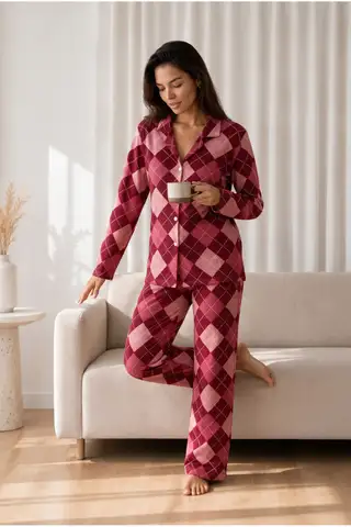 Kadın Desenli Basic Kış Mavi Pijama Takımı - 8