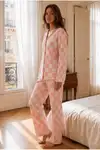 Kadın Relax Fit Düğme Mavi Pijama Takımı - Görsel 11
