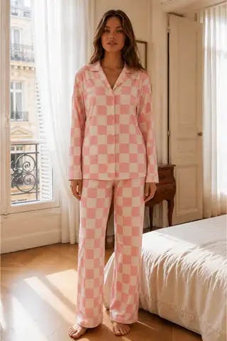 Kadın Relax Fit Düğme Mavi Pijama Takımı - 12