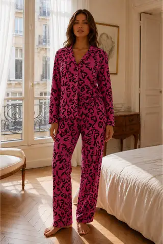 Kadın Relax Fit Düğme Mavi Pijama Takımı - 13