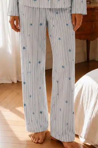 Kadın Relax Fit Düğme Mavi Pijama Takımı - 4