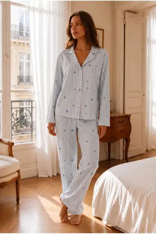 Kadın Relax Fit Düğme Mavi Pijama Takımı - 6