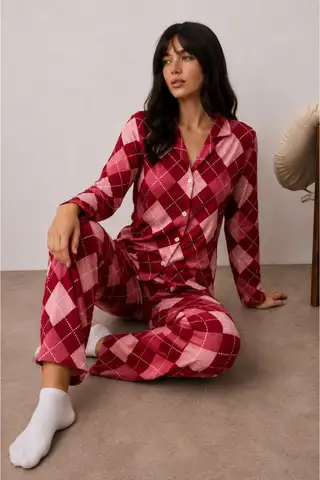 Kadın Düğmeli Kışlık Ev Kırmızı Pijama Takımı - 2