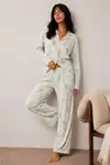 Kadın Düğmeli Kışlık Ev Kırmızı Pijama Takımı - Görsel 12