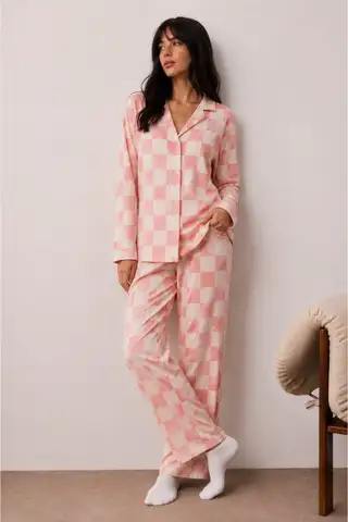 Kadın Düğmeli Kışlık Ev Kırmızı Pijama Takımı - 18
