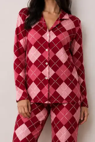 Kadın Düğmeli Kışlık Ev Kırmızı Pijama Takımı - 3