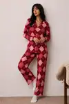 Kadın Düğmeli Kışlık Ev Kırmızı Pijama Takımı - Görsel 5