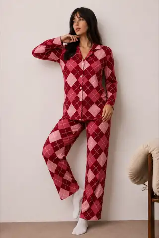 Kadın Düğmeli Kışlık Ev Kırmızı Pijama Takımı - 6